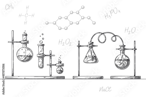 Sketch of objects of a chemical laboratory. Glassware for a chemical experiment. Vector pharmaceutical flasks, beakers and test tubes.