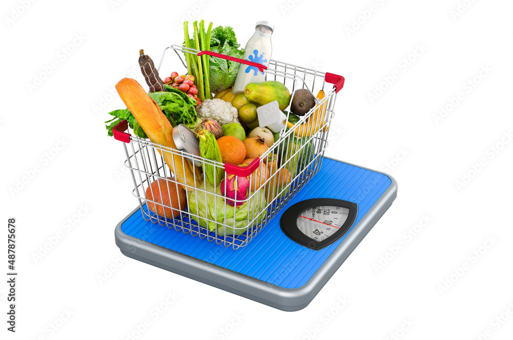 Φωτογραφία Weight scale with shopping basket full of products, fruits and vegetables, 3D re