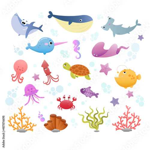 Set of cute sea creatures with bubbles and corals on white background