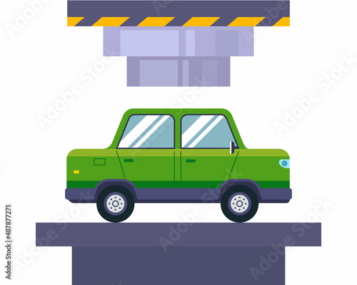 hydraulic press compresses an old car for recycling. flat vector illustration.