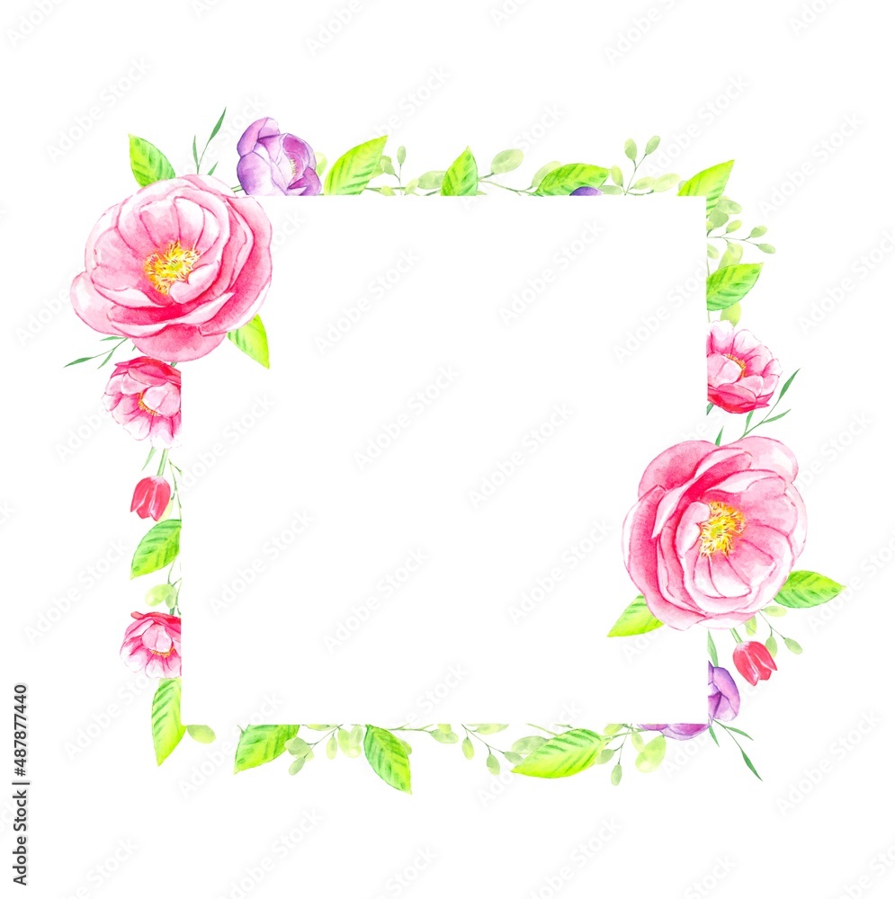 Watercolor square frame of flowers isolated on a white background.