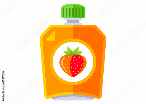 orange packaging of baby food with strawberry flavor. flat vector illustration.