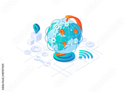 Concept of global network. Internet, globalization and online communication. Modern technologies, social media application, messengers and digital world. Cartoon volumetric vector illustration