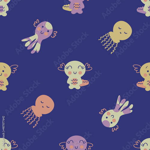 Summer seamless pattern with axolotls  octopus and jellyfish. Perfect for T-shirt  textile and print. Hand drawn vector illustration for decor and design.