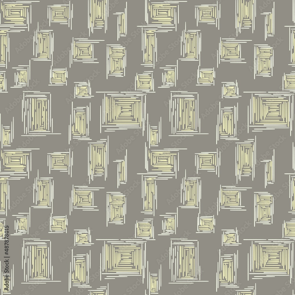 Seamless abstract geometric pattern with lines and squares. Simple background on grey, beige, yellow colors. Illustration. Design for textile fabrics, wrapping paper, background, wallpaper, cover. Seamless abstract geometric pattern with lines and squares. Simple background on grey, beige, yellow colors. Illustration. Design for textile fabrics, wrapping paper, background, wallpaper, cover.