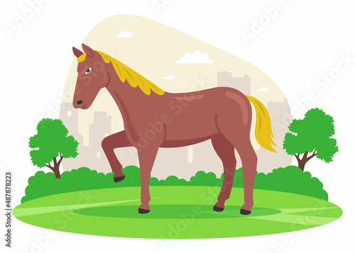 a brown young horse grazes on a green meadow. flat vector illustration.