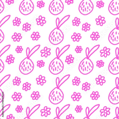 Seamless abstract floral pattern. Simple background with neon pink flowers, fruits. Illustration. Design for textile fabrics, wrapping paper, background, wallpaper, cover. Hand drawn style.