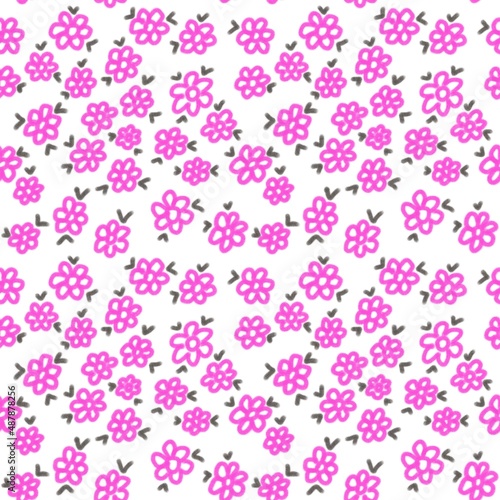 Seamless abstract floral pattern. Digital background with neon pink flowers, black leaves. Illustration. Design for textile fabrics, wrapping paper, background, wallpaper, cover. Hand drawn style.