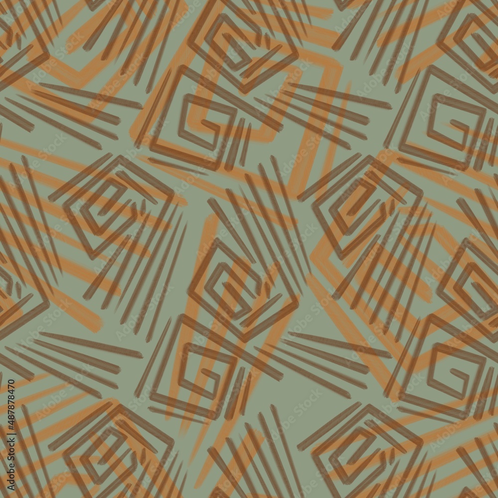 Seamless abstract geometry pattern. Simple background on orange, brown, light green colors. Illustration. Abstract lines. Designed for textile fabrics, wrapping paper, background, wallpaper, cover.