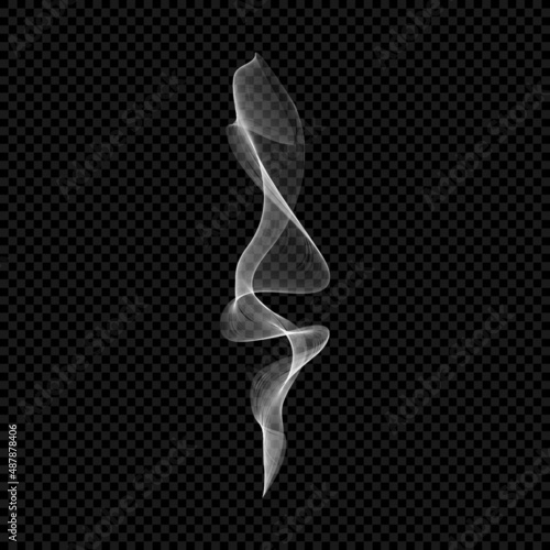 Smoke png. White isolated cigarette curved vapor. Steam transparent effect. Vapour on black background. Vector winding fume eps illustration