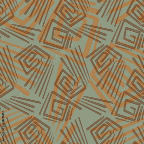 Seamless abstract geometry pattern. Simple background on orange, brown, light green colors. Illustration. Abstract lines. Designed for textile fabrics, wrapping paper, background, wallpaper, cover.