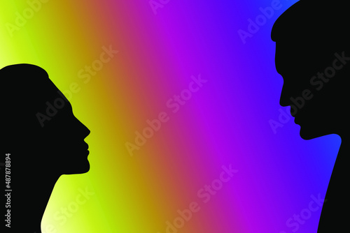 two silhouette profiles male and female, facing each other