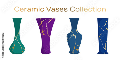 Ceramic vases for flower bouquets vector collection. Home decor interior objects illustration..