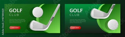 Golf club online banner template set, golf course sports corporate advertisement, horizontal ad, white golfball campaign webpage, flyer, creative brochure, isolated on background