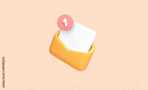 3D letter in envelope icon with notification. Mail envelope with marker message. Cartoon illustration isolated on background. Minimal design. 3D Rendering