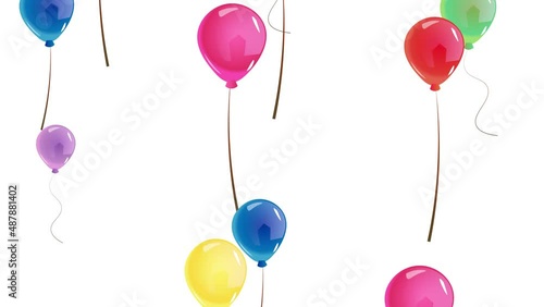 Many balloons flying up. Set of colorful balloons. Multicolored balloons. Balloons rising in the air. Helium balloon with rope. Chroma key. Green screen.