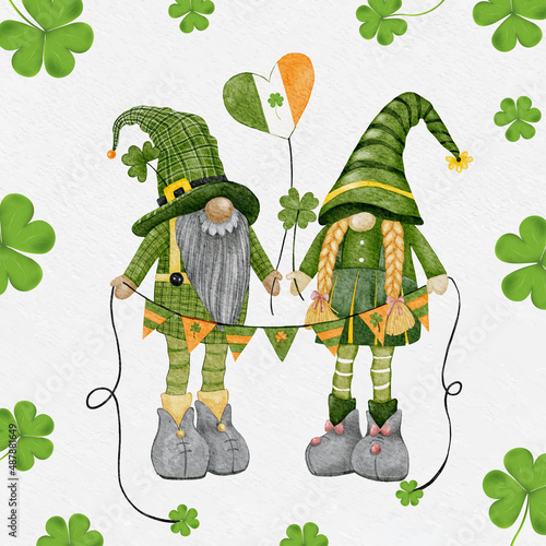 St Patrick Day leprechaun with four leaves clovers, Greeting card a Irish gnomes holding flags with shamrock a luck symbols.Vector Watercolour green Scandinavian Dwarfs collection in Celtic