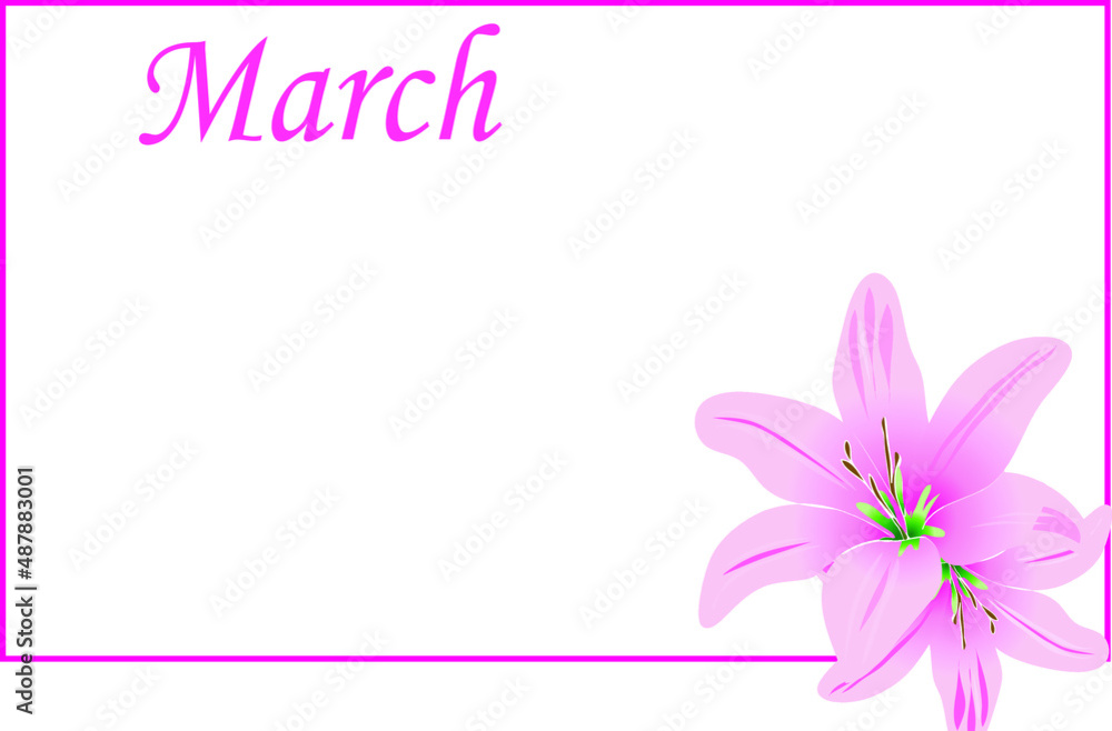 Pink flower illustration frame vector on png background and march text