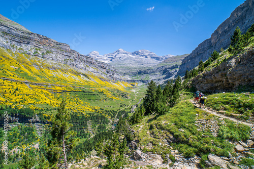 Hikers on the way to the Cola de Caballo waterfall in Ordesa and Monte Perdido National park.