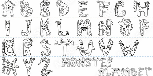 English alphabet coloring book with funny monsters. Alphabet font for children. Isolated elements for coloring.Children's education. The upbringing and development of the child. Fun with fonts