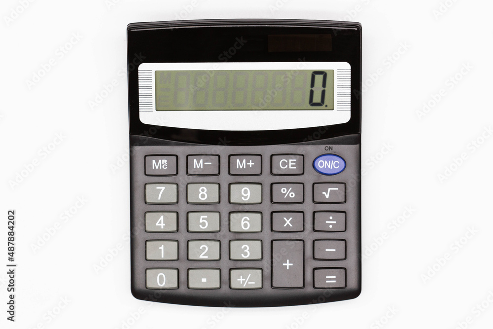 Calculator with big buttons and zero on the digital screen on a white background. Solar powered calculator. Electronic machine for math calculations. Business office supplies. Isolated. Close-Up