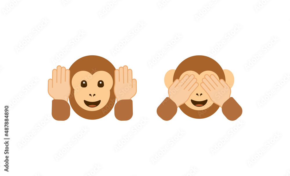 Hear no evil monkey vector flat icon. Isolated monkey head emoji illustration. See no evil monkey vector flat icon. Isolated monkey face emoji illustration