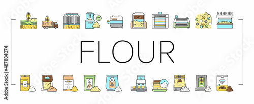 Flour Factory Industry Production Icons Set Vector .