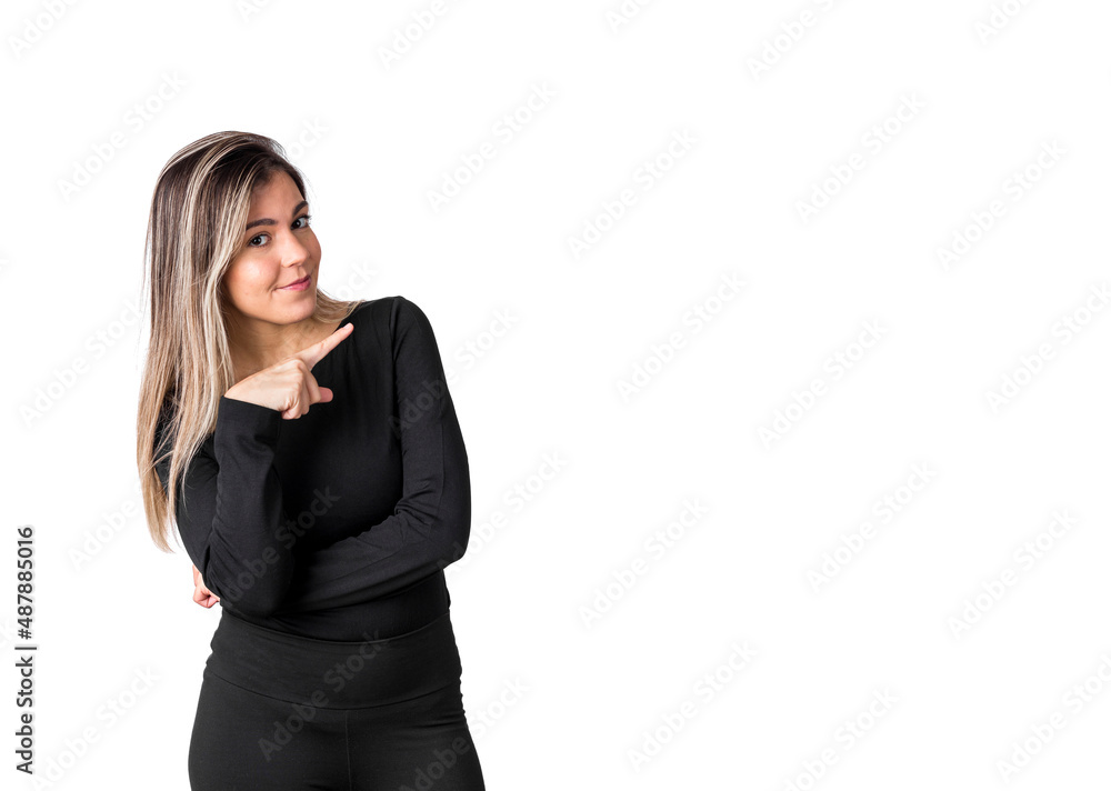 Young pretty confident manager business woman cross arms pointing up isolated on white background Young pretty confident manager business woman cross arms pointing up isolated on white background