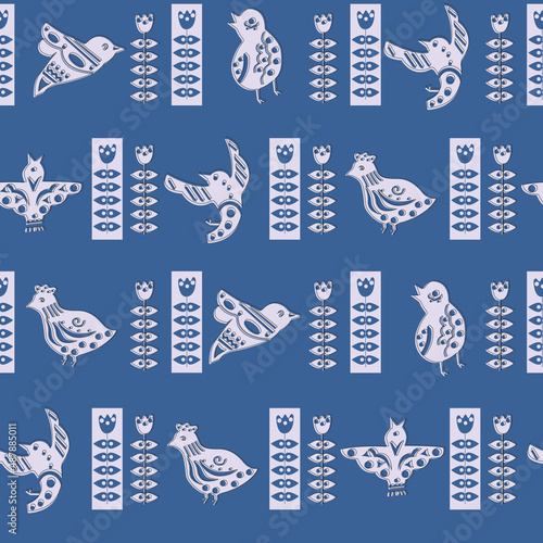 A folk style pattern with birds. Hand-drawn into backgrounds for fabrics, cards, web, etc. 