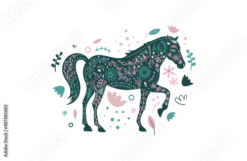 Floral animal horse emblem. Forest scandi animal illustration. Vector funky print with horse animal in simple minimal style.