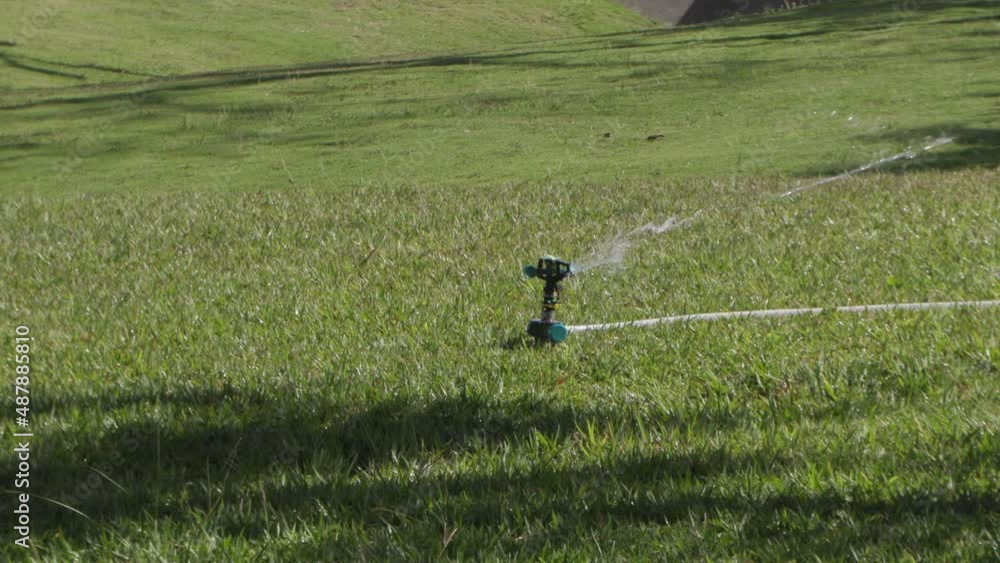 Automatic sprinkler that turns and sends water. Water a green lawn. Automated watering