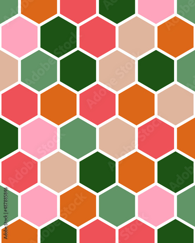 Abstract geometric hexagonal retro seamless pattern. Polygonal honeycomb trendy pastel background. Vector illustration.
