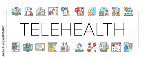 Telehealth Medicine Treatment Icons Set Vector .