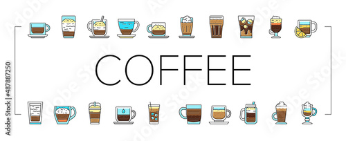 Coffee Types Energy Morning Drink Icons Set Vector .