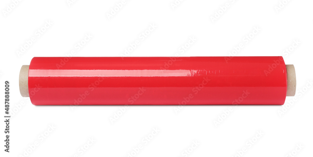 Roll of red plastic stretch wrap film isolated on white Roll of red plastic stretch wrap film isolated on white