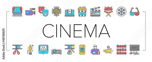 Cinema Watch Movie Entertainment Icons Set Vector .