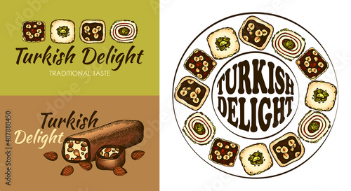 Sketch hand drawn icon set of Turkish Delight with pistachio, chocolate, almond, hazelnut. Line art rahat lokum logo, outline jelly candy, sweet oriental food, Istanbul Bazaar. Vector illustration.