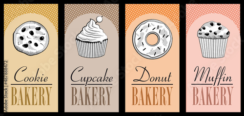 Ensemble de flyers avec des spécialités américaine vendues en pâtisserie : cookie, cupcake, donut, muffin - dessins blancs sur des fonds pastels.