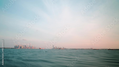 ferry view on manhattan and statue of liberty 4k timelapse new york usa