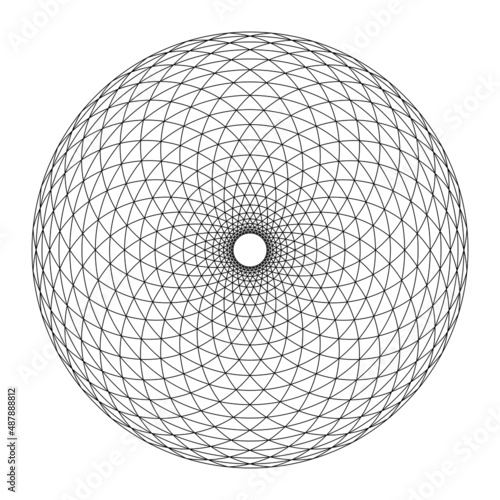 Circle with triangle Fibonacci pattern. Circular area, formed by arcs, arranged in spiral form, crossed by circles, creating bend triangles, with a small circle in the center, like a pine cone shape. photo