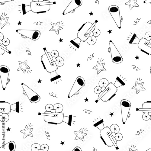 Movie, cinema vector pattern. Doodle hand drawn sketch style movie seamless pattern. Cinema elements for media production, festival, theater background. Vector illustration.