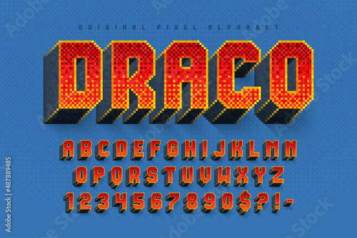 Pixel vector alphabet design, stylized like in 8-bit games.