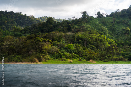 Mountain views from a boat on a lake in Costa Rica. 