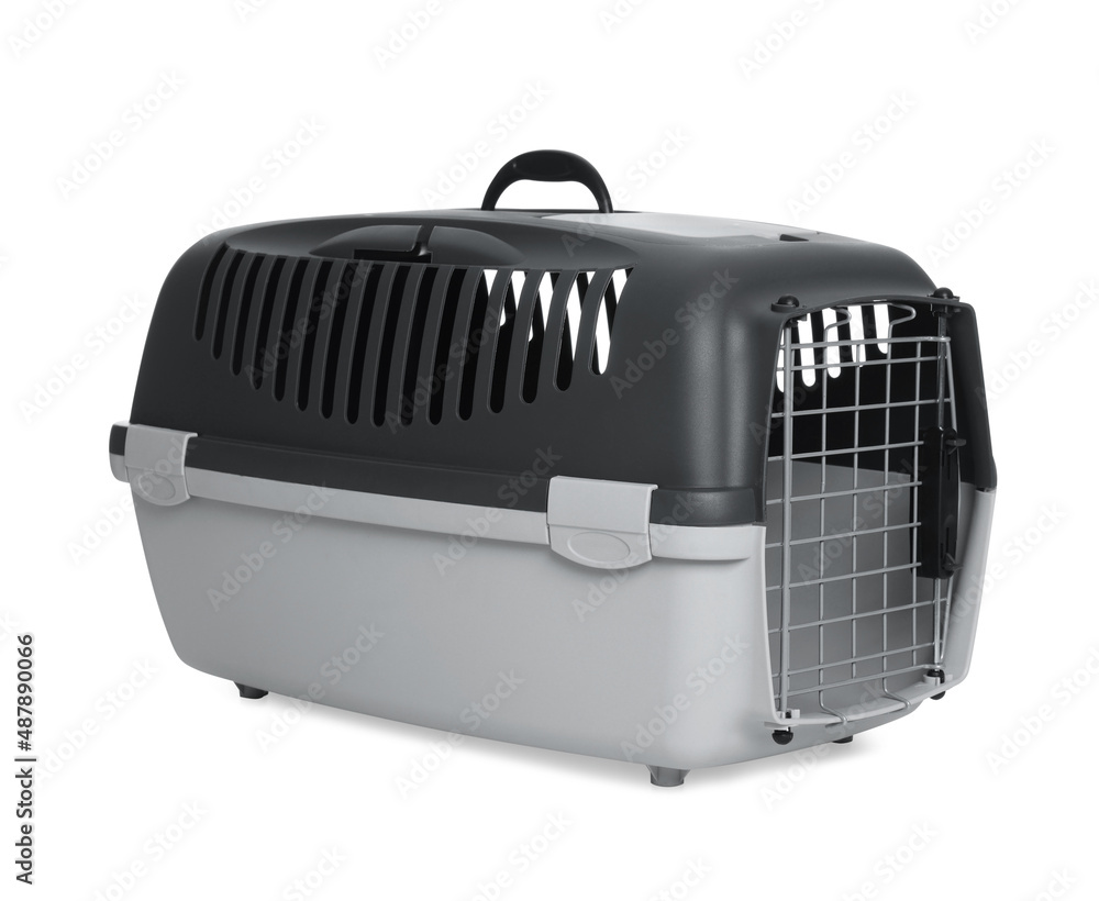 Grey carrier for pet isolated on white Grey carrier for pet isolated on white