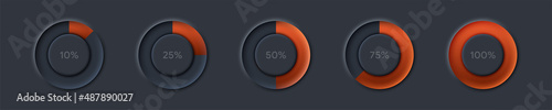 Unique dark neumorphic pie charts from 10 to 100% for infographic loading circle icon in neomorphism style user interface elements for mobile app ui ux design kit