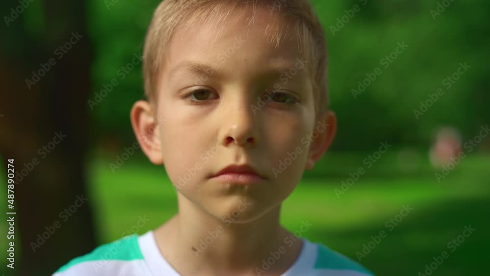 Portrait of serious little boy on nature. Focused child stand on green park. Portrait of serious little boy on nature. Focused child stand on green park.