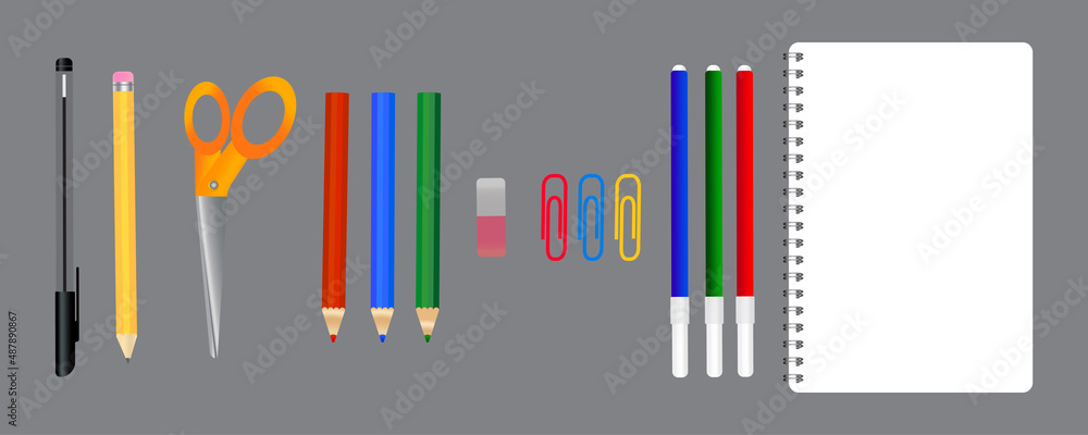 Stationery for school and work. School icon collection. Desk organizer. Vector illustration. stock image. Stationery for school and work. School icon collection. Desk organizer. Vector illustration. stock image.