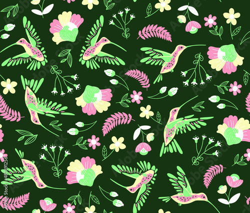 Seamless vector Illustrated surface pattern design with hummingbirds and flowers . Creative floral texture. Great for fabrics, backgrounds and textiles.