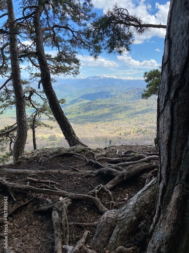 Top of hill. Amazing cliff photo. Beautiful landscape and view. Green mountains and nature forests