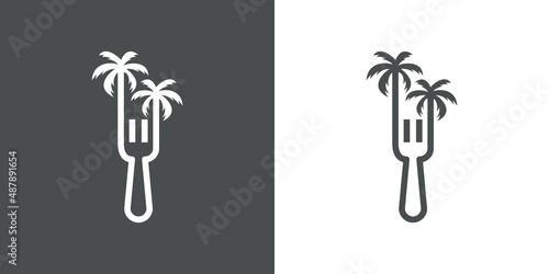 Beach Restaurant. Logotipo con tenedor con forma de silueta de palmera con lineas en fondo gris y fondo blanco